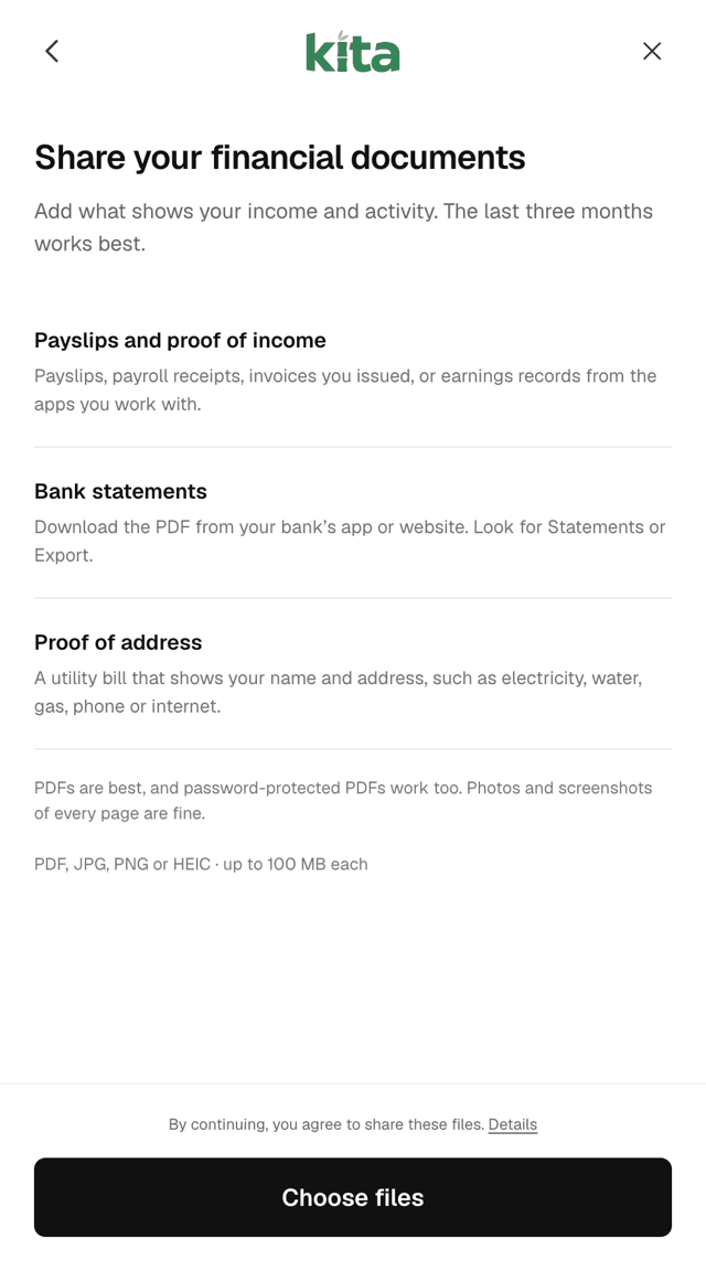 Choose files screen of the Kita Risk Score SDK