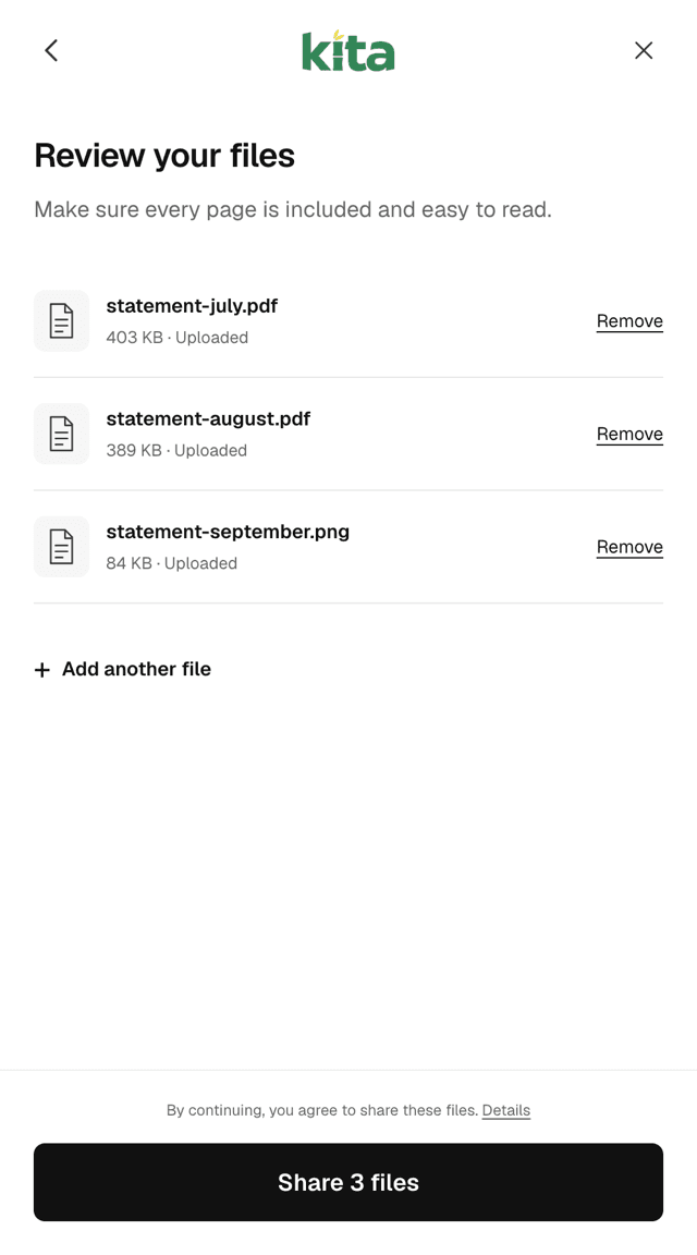 Review screen of the Kita Risk Score SDK